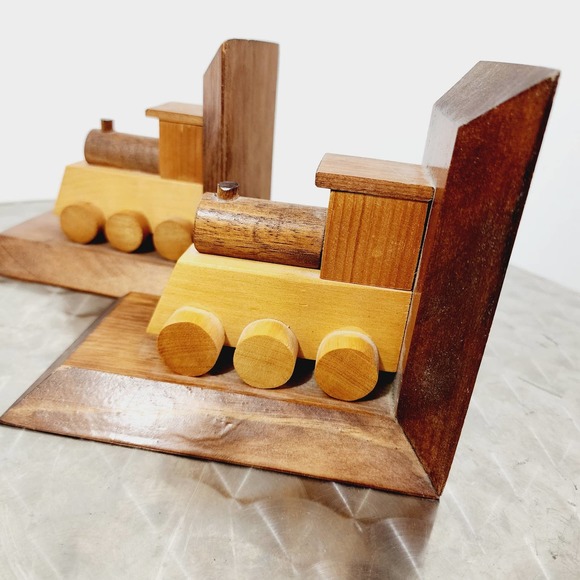 Vintage Wooden Hand Made Train Bookends Library Primitive Classic Americana - Picture 11 of 16